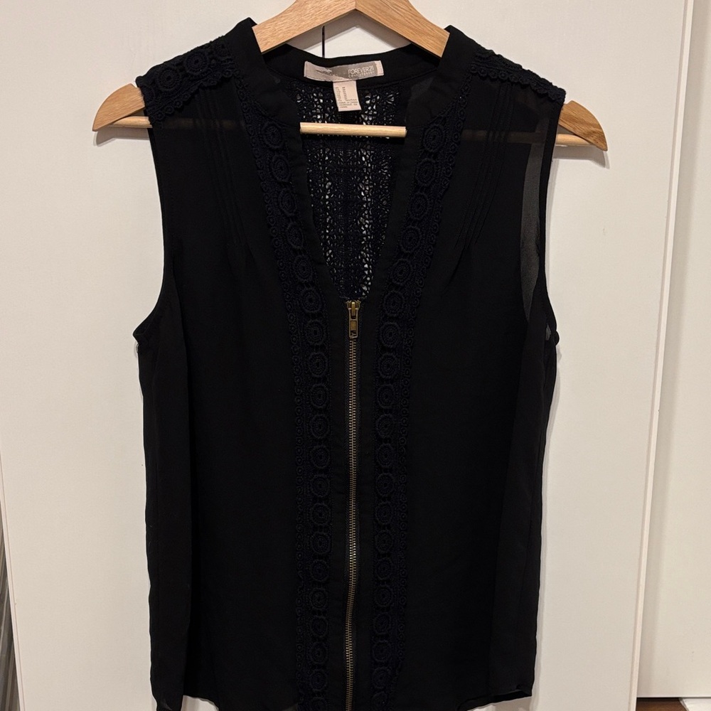 Sheer Black Zip-Front Lace-Trim Top - M